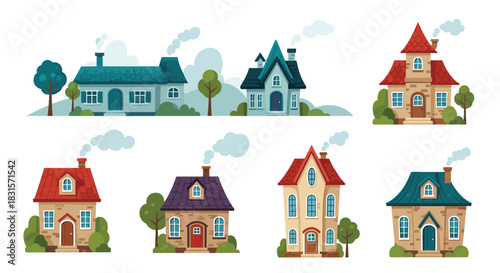 Charming collection of various cartoon houses with smoking chimneys, illustrating cozy homes in a whimsical neighborhood or isolated settings.