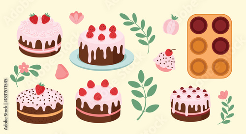 Sweet flat design illustrations featuring strawberry cakes, chocolate cupcakes, baking tools, and floral elements, perfect for dessert and celebration themes.