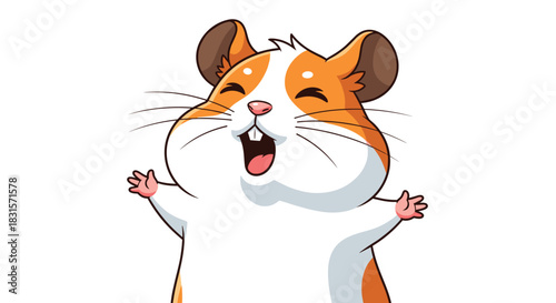A cheerful and excited cartoon hamster character joyfully smiles with its mouth open and arms outstretched.
