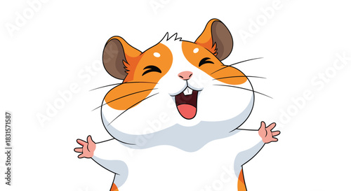 A joyful cartoon hamster with orange and white fur smiles broadly, showing its front teeth and open mouth, with paws spread on a white background.