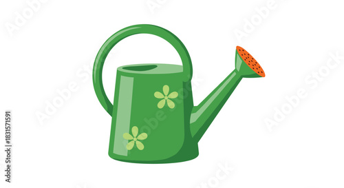 A charming green watering can adorned with light green flowers, ready for garden tasks and plant care.