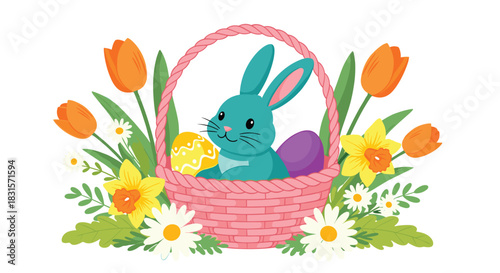 A joyful teal Easter bunny sits in a pink woven basket with two decorated eggs, surrounded by blooming spring flowers on a white background.