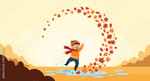 A happy child in warm autumn clothes joyfully splashes in a puddle as colorful fall leaves swirl around him.