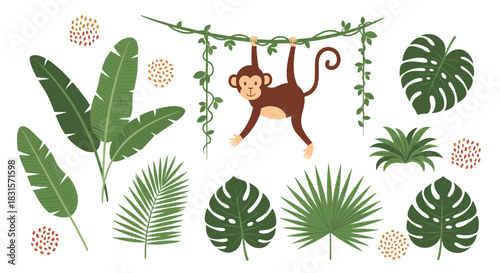 Cartoon monkey hanging from a vine surrounded by various tropical leaves and jungle elements, isolated on white background.