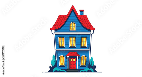 An inviting illustration of a multi-story blue residential house with a vibrant red roof and illuminated windows.