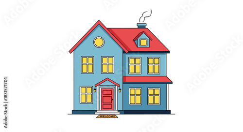 Cartoon illustration of a cozy, inviting two-story blue house with a vibrant red roof, warm glowing windows, and smoke from the chimney.