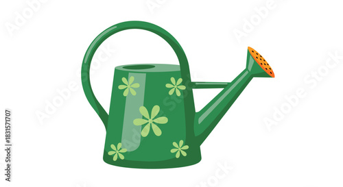 A charming green watering can adorned with light green floral patterns and an orange sprinkler head, ideal for gardening tasks.