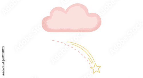 A whimsical pink cloud watches as a golden shooting star gracefully descends, creating a magical and dreamy illustration on a pure white background.