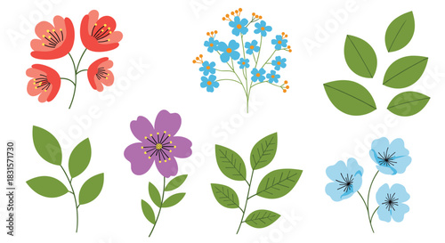 A vibrant set of flat design floral elements, featuring colorful flowers and green leaves isolated on a white background.