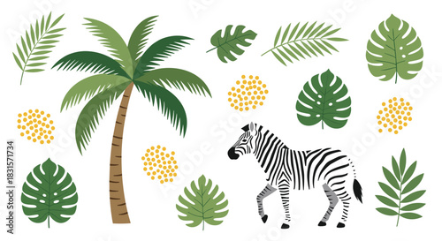 Tropical safari animal and plant collection with palm tree, monstera leaves, and zebra on a white background.