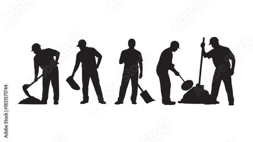 Silhouette of construction workers with shovels vector illustration showing laborers working isolated on white background