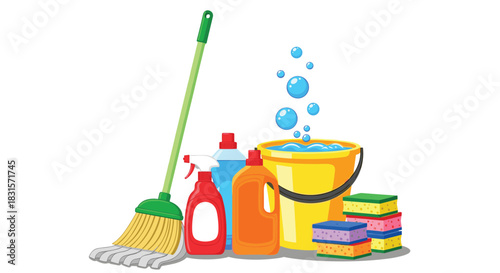 A vibrant assortment of essential household cleaning supplies, featuring a mop, detergent bottles, a bucket with suds, and colorful sponges.