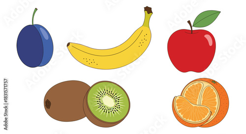 A vibrant collection of fresh and colorful fruits, including plum, banana, apple, kiwi, and orange, displayed against a white background.