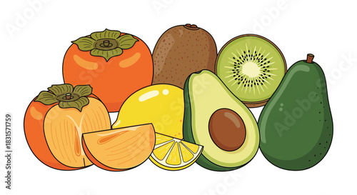 A vibrant collection of fresh and colorful fruits including persimmons, kiwi, lemons, and avocados, arranged on a white background, highlighting healthy eating.