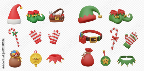 3D rendered collection of Christmas and elf accessories and decorations.