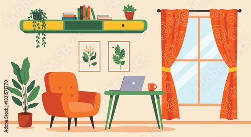 A contemporary and comfortable living space featuring an orange armchair, a workspace with a laptop, and a window with patterned curtains.