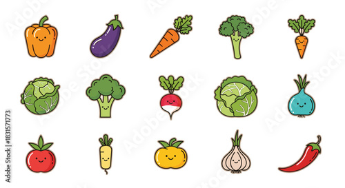 A vibrant collection of cute cartoon vegetables with smiling faces, including bell peppers, carrots, broccoli, and more, on a white background.