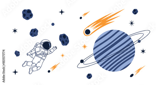 Whimsical space illustration featuring a cheerful astronaut exploring the cosmos near a striped planet, asteroids, and shooting stars.