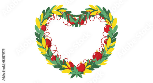 A festive heart-shaped Christmas wreath with green and yellow leaves, adorned with bright red ornaments and decorative string, on a white background.