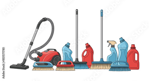 A comprehensive array of household cleaning tools and supplies, featuring a vacuum, brooms, brushes, and colorful detergent bottles, arranged for daily chores.
