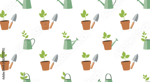 A charming seamless pattern featuring young potted plants, small garden trowels, and watering cans with green sprouts, ideal for spring and nature-themed designs.