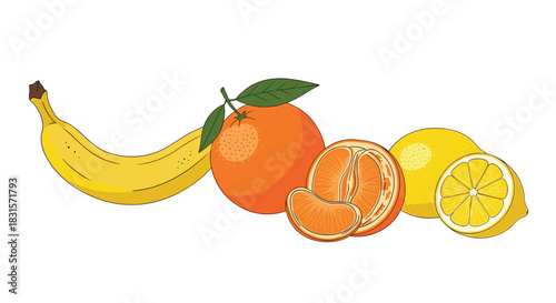 Various fresh fruits, including banana, orange, mandarin, and lemon, arranged on a white background.