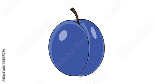 A digitally illustrated single ripe blue plum with a subtle highlight and a brown stem, depicted on a clean white background.
