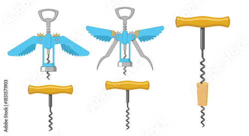 A collection of various wine corkscrews, including modern winged and classic T-handle designs, isolated on a white background.