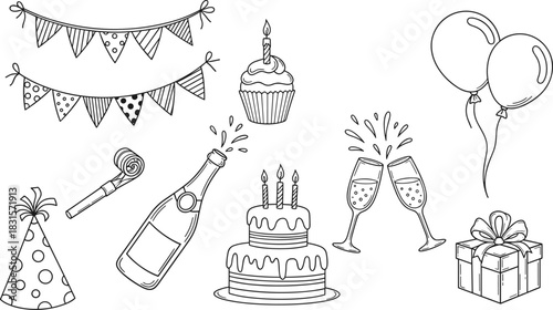 Handdrawn birthday party elements isolated on white background bunting, cupcake, balloon, party horn, champagne, cake, champagne glasses, gift, and party hat
