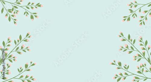 Gentle botanical border on a soft blue background, featuring budding pink flowers and lush green leaves.