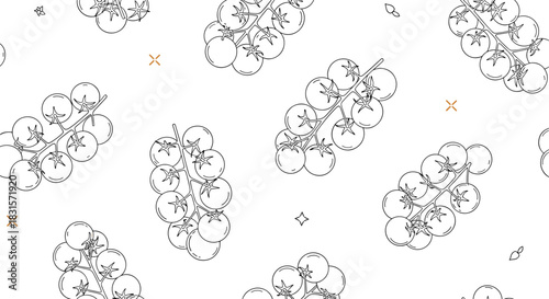 Seamless black and white line art pattern featuring hand-drawn cherry tomatoes on the vine, scattered across a clean white background with subtle decorative elements.