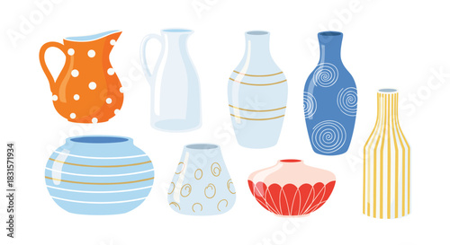 An assortment of colorful ceramic and glass vases and pitchers in diverse shapes and patterns, perfect for home decor.