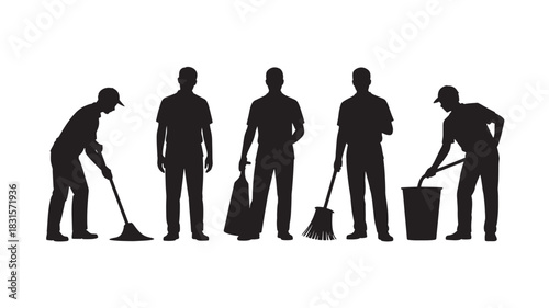 Set of cleaning service worker silhouettes vector illustration of janitors with cleaning equipment isolated on white background