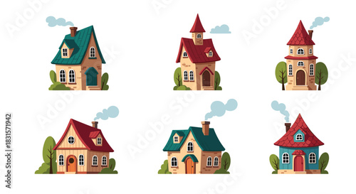 A charming collection of six colorful cartoon houses with chimneys and smoke, depicting whimsical village architecture in a storybook style.