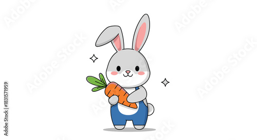 Adorable grey rabbit character in dungarees happily presents a freshly picked carrot, isolated with subtle decorative sparkles.