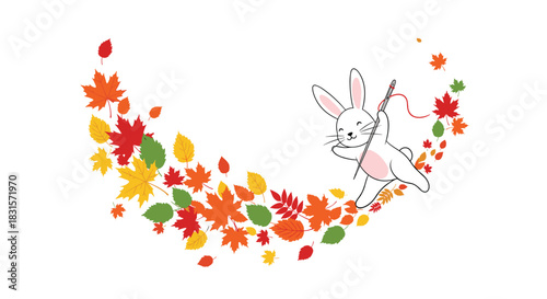 Cute white rabbit playfully stitches a trail of vibrant autumn leaves, celebrating the beauty of fall with needle and thread.