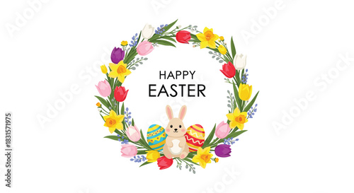 A cheerful Easter greeting with a vibrant floral wreath of spring flowers, a cute bunny, and decorated eggs, on a white background.