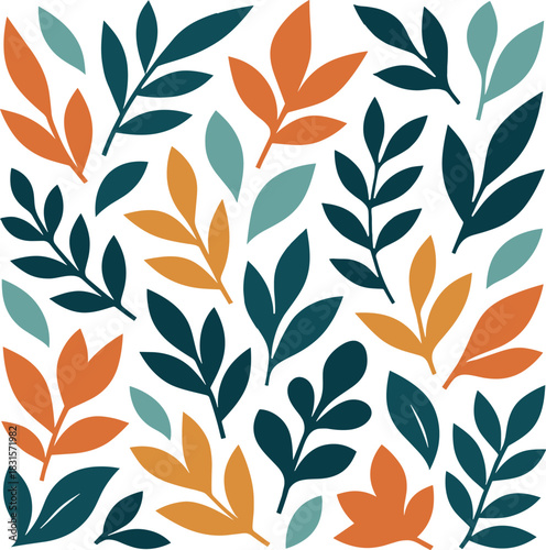Abstract botanical pattern with teal orange and muted green leaves vector