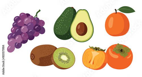 Assortment of colorful and nutritious fruits, featuring juicy purple grapes, creamy avocados, fuzzy kiwis, bright oranges, and sweet persimmons.