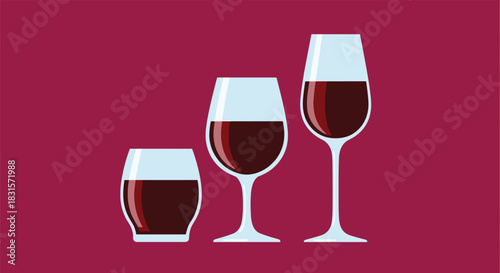 Three different shaped wine glasses filled with red wine, arranged in a row against a solid burgundy background.