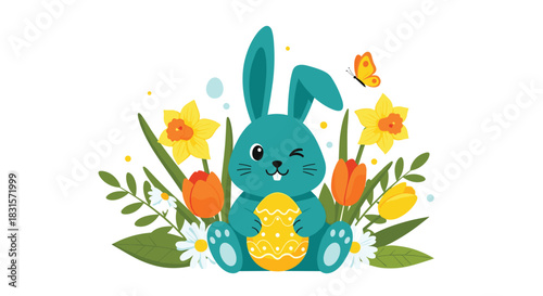 A cute teal Easter bunny winks, holding a yellow decorated egg, nestled amidst bright spring flowers and a whimsical butterfly, ideal for Easter.