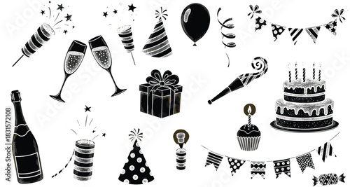 A festive collection of party elements isolated on white background, including champagne, cake, gifts, and decorations, perfect for birthday celebrations