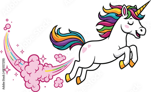 Cartoon unicorn with rainbow mane and tail farting pink clouds and sparkles horse