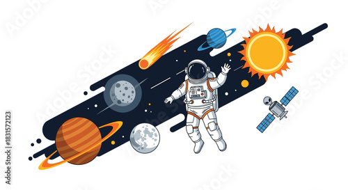 An astronaut floats in space amidst planets, a comet, the sun, and a satellite, representing a vibrant celestial exploration scene.