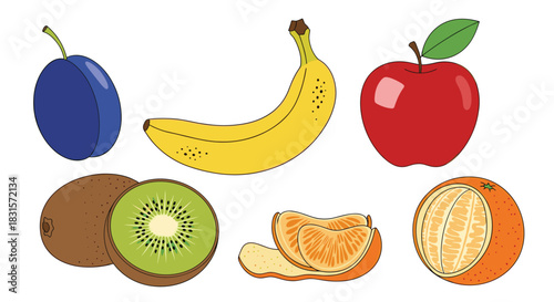 A colorful assortment of fresh fruits including plums, bananas, apples, kiwis, and mandarins, presented on a white background.
