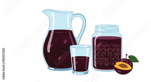 Delicious plum drinks and preserves including juice, compote, and fresh plums on a white background, perfect for a summer refreshment.
