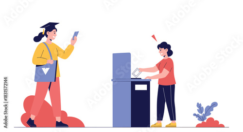 Young women engaging in civic duties, with one casting a ballot and another graduate using a smartphone, symbolizing youth participation.