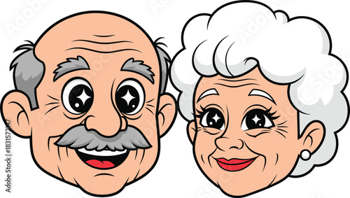 Cartoon illustration of a smiling elderly couple's faces with sparkling eyes old man