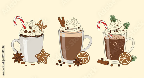 A trio of festive winter beverages including hot chocolate and coffee, adorned with whipped cream, candy canes, gingerbread, and seasonal spices.