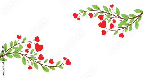 Decorative branches with green leaves and red hearts creating a corner frame on a plain white background, symbolizing love and nature.